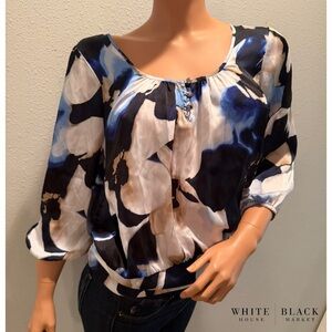 White House Black Market Abstract Floral Blouse - Blue, Black, and White